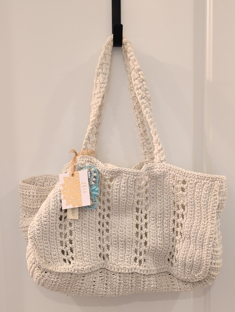 Cream Crochet Tote Beach Pool Resort Bag With Beaded Seahorse - Women